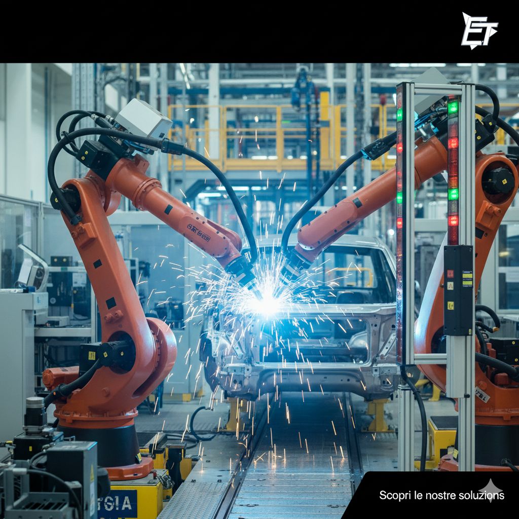 Braccio robotico in una linea di assemblaggio automotive